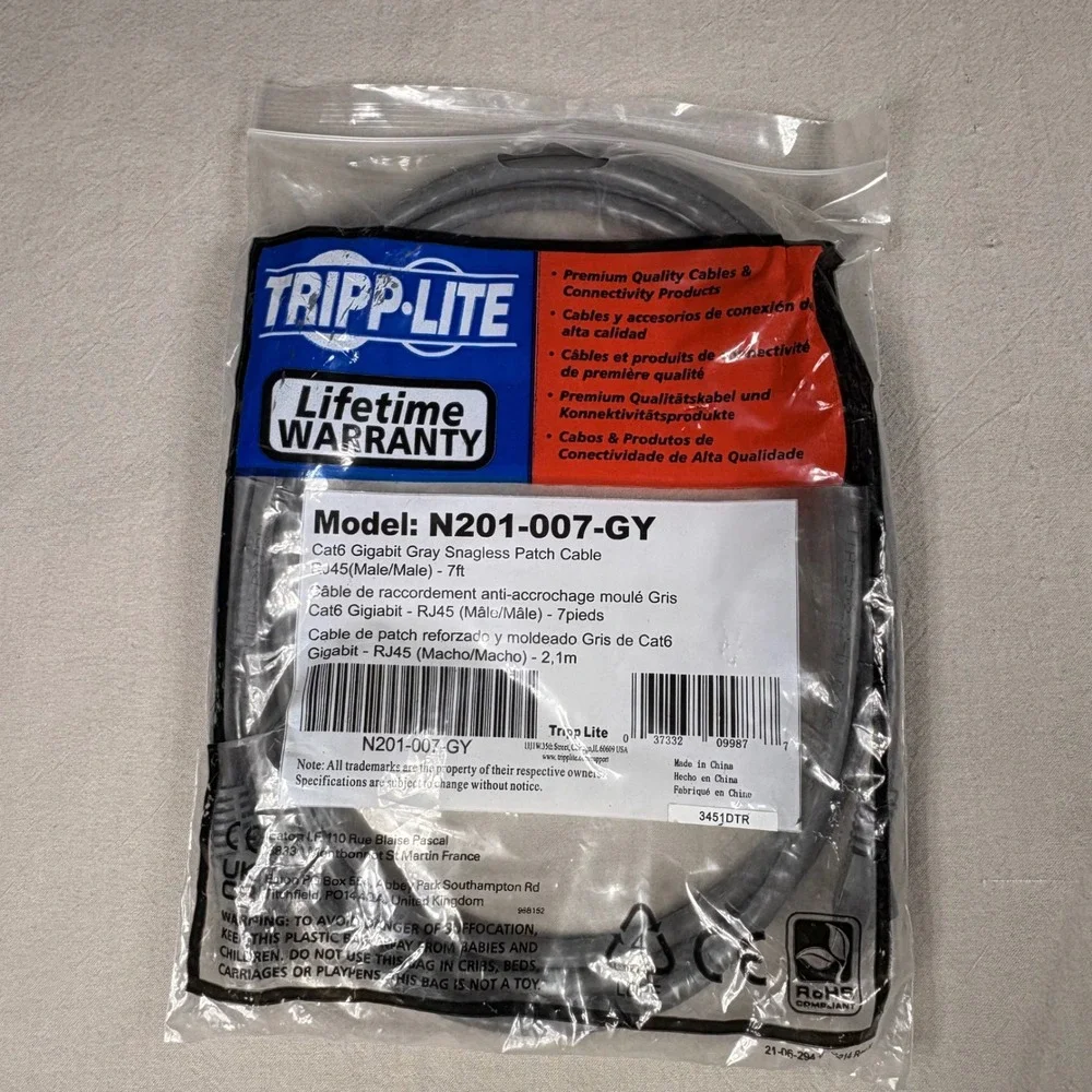 Tripp Lite N201-007-GY Cat6 Gigabit Gray‎ Snagless Patch Cable RJ45 7ft Ethernet